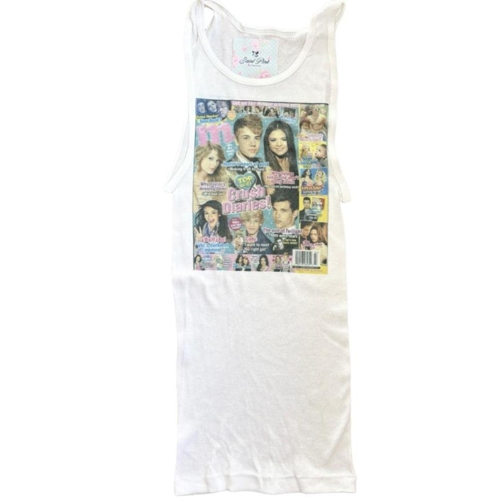 Y2K Teen Magazine Graphic Ribbed Tank Top – Justin Bieber / Selena Gomez